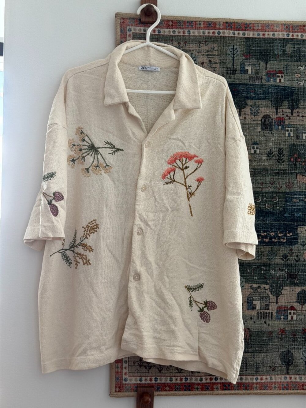 Zara Men’s Button-Up Shirt — Embroidered Floral Detail